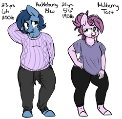 Size: 3474x3400 | Tagged: safe, artist:mulberrytarthorse, oc, oc only, oc:huckleberry bleu, oc:mulberry tart, anthro, bhm, bleuberry, chubby, clothes, couple, fat, female, male, tongue out