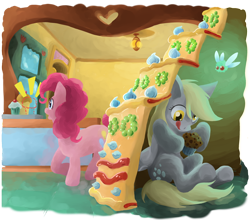 Size: 900x793 | Tagged: safe, artist:leavingcrow, derpy hooves, pinkie pie, parasprite, pegasus, pony, cake, duo, female, mare, muffin, sugarcube corner