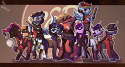 Size: 2000x1081 | Tagged: safe, artist:bonbrony, derpibooru import, applejack, berry punch, berryshine, big macintosh, pinkie pie, rainbow dash, rarity, shining armor, twilight sparkle, earth pony, pegasus, pony, unicorn, archimedes, crossover, demoberry, demoman, engiejack, engineer, heavy mac, heavy weapons guy, male, medic, pinkie pyro, pyro, rainbow scout, rarispy, scout, shining soldier, sniper, soldier, spy, stallion, team fortress 2, twi medic