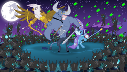 Size: 1920x1080 | Tagged: safe, artist:dewlshock, derpy hooves, gilda, iron will, queen chrysalis, trixie, changeling, changeling queen, griffon, minotaur, pegasus, pony, unicorn, antagonist, army, arrow, axe, bipedal, bow (weapon), bow and arrow, female, fight, full moon, glare, gritted teeth, magic, mare, mare in the moon, moon, rearing, smirk, staff, sword, weapon