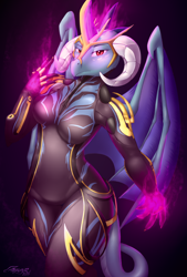 Size: 2370x3500 | Tagged: safe, artist:azzunyr, princess ember, anthro, dragon, breasts, crossover, dragoness, ember (warframe), female, fire, glowing hands, high res, looking at you, namesake, serious, serious face, solo, warframe, wings