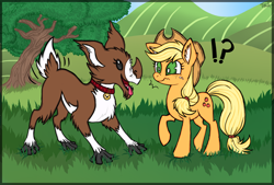 Size: 1140x770 | Tagged: safe, artist:dezy-x29, derpibooru import, applejack, winona, earth pony, pony, collar, cowboy hat, crossover, female, grass, hat, hill, kubrow, mare, raised hoof, species swap, stetson, surprised, tongue out, tree, warframe