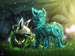 Size: 2000x1500 | Tagged: safe, artist:vavacung, oc, armor, duo, kubrow, ponified, rhino (warframe), warframe