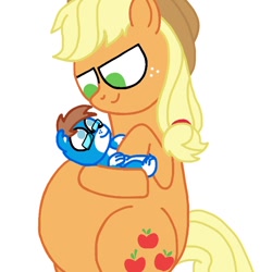 Size: 640x670 | Tagged: safe, applejack, oc, oc:brandon mutt, dog, earth pony, pony, applefat, belly, big belly, fat, glasses, overweight, sitting, snuggling