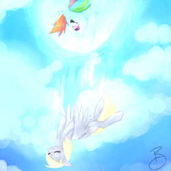 Size: 2000x2000 | Tagged: safe, artist:casocat, derpy hooves, rainbow dash, pegasus, pony, cloud, cloudy, duo, eyes closed, falling, female, flying, high res, mare