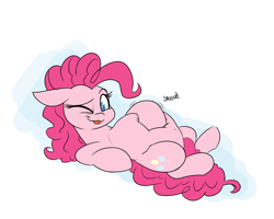 Size: 1500x1200 | Tagged: safe, artist:bellspurgebells, pinkie pie, earth pony, pony, belly, belly button, cute, fat, female, one eye closed, pudgy pie, solo, tongue out, wink