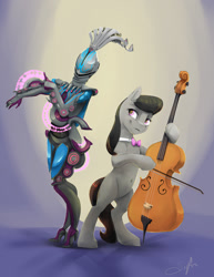 Size: 1020x1320 | Tagged: safe, artist:silfoe, octavia melody, earth pony, pony, belly, belly button, bipedal, cello, commission, duo, female, gradient background, looking at each other, mare, musical instrument, namesake, octavia (warframe), smiling, warframe