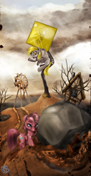 Size: 1760x3372 | Tagged: safe, artist:miradge, derpy hooves, pinkie pie, pegasus, pony, duo, female, mare, pinkamena diane pie, rock, rock farm