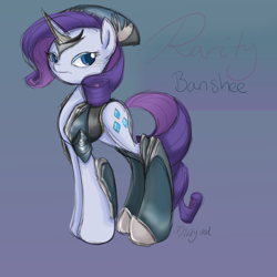 Size: 2000x2000 | Tagged: safe, artist:minty-red, derpibooru import, rarity, pony, unicorn, armor, solo, warframe