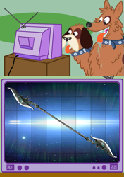 Size: 563x800 | Tagged: safe, orthros, dog, exploitable meme, meme, multiple heads, obligatory pony, polearm, pun, tv meme, two heads, visual pun, warframe, weapon