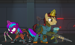 Size: 4200x2520 | Tagged: safe, artist:a4r91n, oc, oc only, oc:rivet gear, oc:starnight, pony, unicorn, angry, armor, blood, crossover, cyborg space ninja pony, dagger, female, glowing eyes, gun, mare, rifle, valkyr (warframe), vector, volt (warframe), warframe, weapon