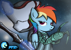 Size: 3508x2480 | Tagged: safe, artist:az-derped-unicorn, derpibooru import, rainbow dash, pegasus, pony, armor, crossover, darksector, glaive, haydash tenno, hayden tenno, ponified, science fiction, sword, video game, warframe