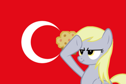 Size: 1015x672 | Tagged: safe, derpy hooves, pegasus, pony, female, flag, mare, muffin, rainbow dash salutes, salute, turkey (country)