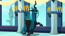 Size: 1024x575 | Tagged: safe, edit, edited screencap, screencap, queen chrysalis, changeling, changeling queen, a canterlot wedding, belly, big belly, candle, fat, fat edit, female, huge butt, large butt, lidded eyes, overweight, queen chrysalard, raised hoof, solo, spread wings, wings