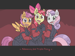 Size: 897x666 | Tagged: safe, artist:caroo, apple bloom, scootaloo, sweetie belle, anthro, blush sticker, blushing, cerberus (helltaker), cute, cutie mark crusaders, helltaker, looking at you, open mouth, silly, sketch, smiling, trio