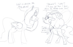 Size: 1100x700 | Tagged: safe, artist:goat train, fluttershy, breezie, pegasus, pony, dialogue, giant breezie, macro, monochrome, open mouth, raised hoof, sketch