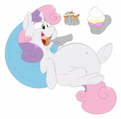 Size: 2736x2672 | Tagged: safe, artist:anonopony, sweetie belle, belly, belly button, big belly, cropped, cupcake, disembodied hand, fat, feedee belle, feeding, food, hand, pie, pillow, stuffing, sweetie belly, underhoof