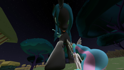 Size: 1366x768 | Tagged: safe, artist:gmodpon-e, princess celestia, queen chrysalis, alicorn, changeling, changeling queen, pony, 3d, gmod, macro, size difference