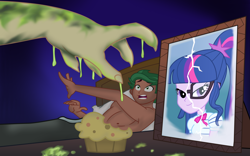 Size: 3840x2400 | Tagged: safe, artist:remcmaximus, flash sentry, sci-twi, timber spruce, twilight sparkle, equestria girls, legend of everfree, food, horror, monster, muffin, parody, picture, picture frame, tales from the crypt