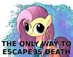 Size: 749x585 | Tagged: artist needed, safe, derpibooru import, fluttershy, pegasus, pony, caption, escape, female, funny, help, horror, implied death, insanity, mare, meme, solo