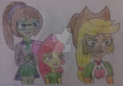 Size: 1024x721 | Tagged: safe, artist:tobiisabunny, apple bloom, applejack, oc, oc:bitter rot, human, equestria girls, coco(movie), denial, horror, humanized, killer revealed, monochrome, murder, murderer, shocked, shocked expression, traditional art, watermark