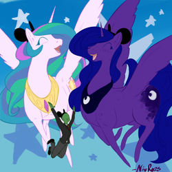 Size: 1200x1200 | Tagged: safe, artist:nivrozs, princess celestia, princess luna, oc, oc:anon, alicorn, pony, cheering, didney worl, eyes closed, happy, jumping, macro, missing accessory, open mouth, size difference, smiling, spread wings, surreal