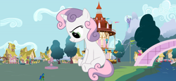 Size: 19461x8921 | Tagged: safe, artist:johnnyxluna, sweetie belle, oc, oc:johnny, pony, unicorn, absurd resolution, bridge, building, canterlot, equestria, filly, foal, fountain, giant pony, giantess, macro, ponyville, ponyville town hall, sky, town hall