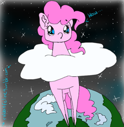 Size: 585x597 | Tagged: safe, artist:bunnycat, pinkie pie, pony, 30 minute art challenge, giant pony, giantess, long pony, macro, pony bigger than a planet, solo, space, tall