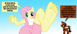 Size: 1278x573 | Tagged: safe, artist:haze_the_terror, fluttershy, oc, alicorn, anthro, plantigrade anthro, pony creator, alicorn oc, barefoot, dialogue, feet, foot fetish, foot focus, giantess, macro, micro, pov, stomping, vulgar