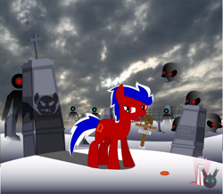 Size: 2940x2565 | Tagged: safe, artist:wheatley r.h., oc, oc only, oc:omega(alfa), earth pony, ghost, pony, angry, button, clint eastwood, cloud, cloudy, cutie mark, fissure, gorillaz, gradient eyes, gravestone, graveyard, grid, hand, head, horror, looking back, male, mane, red eyes, red fur, scary, shadow, single panel, solo, spanish text, surrounded, tail, translated in the description, two toned mane, two toned tail, vector, watermark