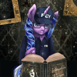 Size: 900x900 | Tagged: safe, artist:mdwines, oc, pony, unicorn, animated, blue hair, book, cap, clothes, commission, creepy, fbi, gif, glasses, green eyes, hat, horror, magic book, purple skin, solo, uniform, ych example, ych result, your character here