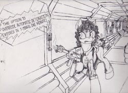 Size: 877x638 | Tagged: safe, artist:scribblepwn3, alien, cat, earth pony, pony, alien (franchise), comic panel, corridor, crossover, ellen ripley, female, flamethrower, horror, ink, mare, monochrome, nostromo, pen drawing, ponified, science fiction, traditional art, weapon