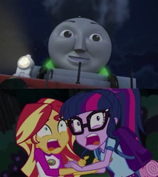 Size: 843x948 | Tagged: safe, artist:mrdankengine, edit, edited screencap, screencap, sci-twi, sunset shimmer, twilight sparkle, equestria girls, legend of everfree, camp everfree outfits, glow, henry the green engine, horror, meme, open mouth, thomas the tank engine