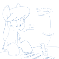 Size: 700x700 | Tagged: safe, artist:goat train, dj pon-3, octavia melody, vinyl scratch, earth pony, pony, unicorn, dialogue, micro, monochrome, sheet music, size difference