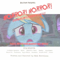 Size: 1400x1400 | Tagged: safe, derpibooru import, edit, edited screencap, screencap, rainbow dash, pegasus, pony, 28 pranks later, b-movie, exploitation film, floppy ears, genre homage, grainy, horror, open mouth, poster, retro, solo