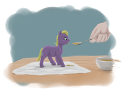 Size: 1280x960 | Tagged: safe, artist:lemurkatta, fluffy pony, human, feeding, food, micro, spoon, table