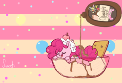 Size: 1748x1181 | Tagged: safe, artist:mt, discord, pinkie pie, earth pony, pony, chocolate, chocolate sauce, chocolate syrup, food, ice cream, messy, micro