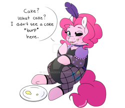 Size: 1024x879 | Tagged: safe, artist:dalunadeer, pinkie pie, earth pony, pony, blatant lies, chubby, deviantart watermark, dish, fat, female, mare, obtrusive watermark, pudgy pie, saloon pinkie, simple background, solo, stuffed, transparent background, watermark