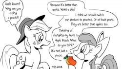Size: 1200x675 | Tagged: safe, artist:pony-berserker, derpibooru import, apple bloom, applejack, earth pony, pony, pony-berserker's twitter sketches, apple sisters, black and white, bow, crying, dishonorapple, duo, eating, fake cutie mark, female, filly, foal, food, grayscale, hat, horror, i can't believe it's not idw, it's not a phase, mare, monochrome, partial color, peach, puffy cheeks, siblings, signature, simple background, sisters, smiling, speech bubble, stippling, white background