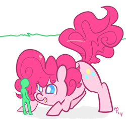 Size: 629x592 | Tagged: safe, artist:mt, pinkie pie, oc, oc:anon, earth pony, pony, giant pony, incoming hug, macro, open mouth, size difference, smiling, tail wag