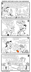 Size: 1320x3035 | Tagged: safe, artist:pony-berserker, derpibooru import, apple bloom, applejack, mudbriar, pinkie pie, rarity, crab, earth pony, pony, unicorn, pony-berserker's twitter sketches, angry, apple sisters, bald, black and white, bow, comic, crying, dishonorapple, duo, eating, facial hair, fake cutie mark, fake moustache, female, filly, foal, food, giant crab, gratuitous french, grayscale, guild of calamitous intent, hat, horror, i can't believe it's not idw, male, mare, monochrome, moustache, nonchalant, partial color, party cannon, pawn shop, pawn stars, peach, ponified, puffy cheeks, rarity fighting a giant crab, rick harrison, sewing machine, siblings, signature, simple background, sisters, sketch, smiling, speech bubble, spiked club, stallion, stippling, the venture bros., wall of tags, white background