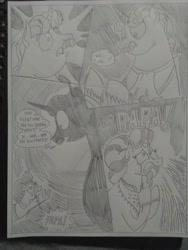 Size: 1944x2592 | Tagged: safe, artist:princebluemoon3, coriander cumin, saffron masala, oc, pony, unicorn, comic:the chaos within us, background pony, black and white, body horror, canterlot, chaos, comic, commissioner:bigonionbean, confused, crying, cutie mark, dialogue, drawing, dream, female, floating, fusion, grayscale, horror, magic, male, mare, monochrome, night, nightmare, out of control magic, panic, random pony, scared, screaming, stallion, traditional art, writer:bigonionbean, yelling