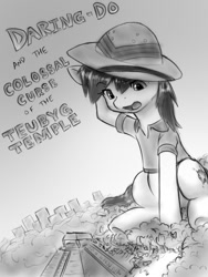 Size: 644x857 | Tagged: safe, artist:alloyrabbit, daring do, pony, book cover, giant pony, macro, monochrome, open mouth, pun, sitting, solo, surprised, temple