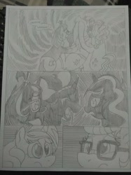 Size: 1024x1366 | Tagged: safe, artist:princebluemoon3, moondancer, saffron masala, sweet biscuit, pony, unicorn, comic:the chaos within us, background pony, black and white, body horror, canterlot, chaos, clothes, comic, commissioner:bigonionbean, confused, crying, cutie mark, dialogue, drawing, dream, female, floating, gagging, glasses, grayscale, headband, horror, inhaling, jewelry, magic, male, mare, monochrome, neck bulge, night, nightmare, out of control magic, panic, scared, scarf, swallowing, traditional art, writer:bigonionbean