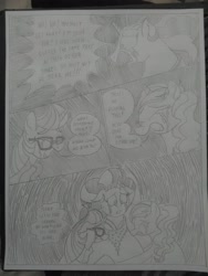 Size: 1944x2592 | Tagged: safe, artist:princebluemoon3, moondancer, saffron masala, sweet biscuit, pony, unicorn, comic:the chaos within us, background pony, black and white, body horror, canterlot, chaos, clothes, comic, commissioner:bigonionbean, confused, crying, cutie mark, dialogue, drawing, dream, female, floating, glasses, grayscale, group hug, headband, horror, hug, hugging a pony, inhaling, jewelry, magic, male, mare, monochrome, night, nightmare, out of control magic, panic, scared, scarf, swallowing, traditional art, writer:bigonionbean