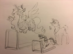 Size: 3264x2448 | Tagged: safe, artist:greyscaleart, princess celestia, twilight sparkle, alicorn, pony, unicorn, chubbylestia, eating, fat, flying, food, glowing horn, magic, monochrome, sketch, telekinesis, the tiny apprentice, traditional art, treadmill, unamused