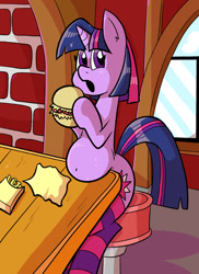 Size: 576x792 | Tagged: safe, artist:pembroke, twilight sparkle, unicorn, belly, burger, clothes, eating, fat, female, food, hay burger, mare, socks, solo, striped socks, thigh highs, thighlight sparkle, thunder thighs, twilard sparkle, twilight burgkle