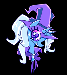 Size: 1502x1663 | Tagged: safe, artist:casettepony, artist:cassettepunk, trixie, pony, unicorn, alternate hairstyle, babysitter trixie, black background, body horror, bust, cape, clothes, collar, eldritch abomination, error, female, glitch, hat, hoodie, horn, horror, looking at you, mare, multiple eyes, multiple horns, simple background, solo, surreal, trixie's cape, trixie's hat