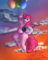 Size: 2400x3000 | Tagged: safe, artist:swiftriff, pinkie pie, earth pony, pony, semi-anthro, balloon, belly button, cannon, chubby, fat, pudgy pie, solo, thick