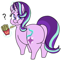 Size: 1120x1101 | Tagged: safe, artist:/d/non, starlight glimmer, pony, unicorn, 30 minute art challenge, adorafatty, chubby, chubby cheeks, cute, dock, eating, fat, female, food, french fries, glimmer glutes, glimmerbetes, glowing horn, mare, plot, solo, starlard glimmer